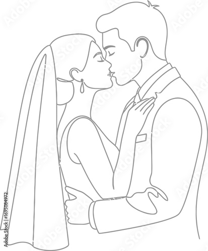 Elegant minimalist line art illustration capturing the intimate moment of a newlywed couple kissing