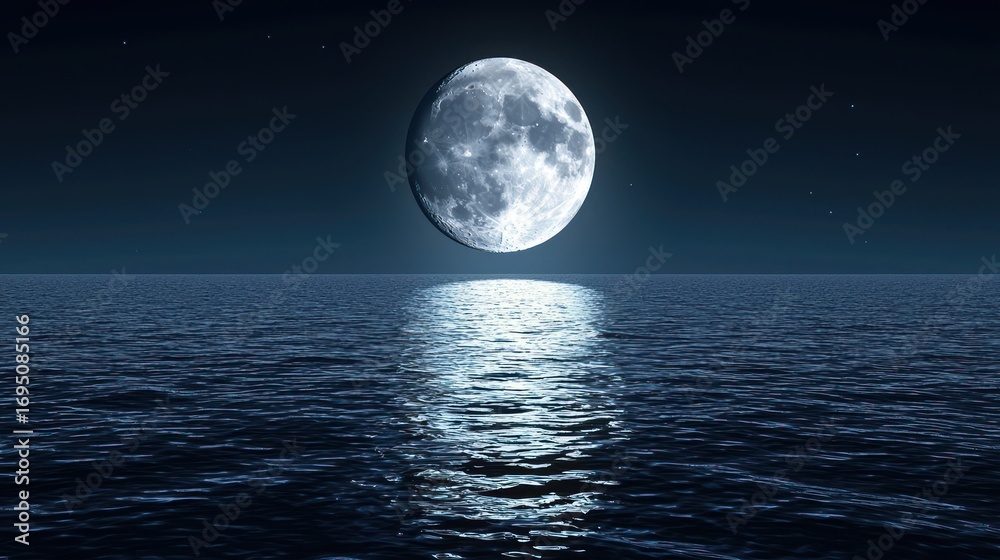 Fototapeta premium Full moon over calm ocean at night; serene seascape; peaceful nature scene; perfect for travel or relaxation imagery