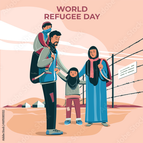 World Refugee Day is a moment to honor the strength, resilience, and courage of millions of people forced to flee their homes illustration style