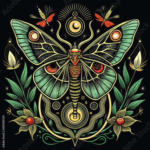 Ornate Celestial Moth and Flowers Illustration insect