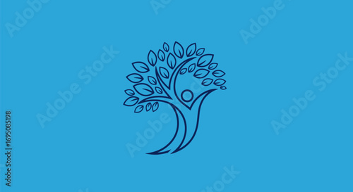 Human figure with raised arms integrated into a tree with abundant leaves.