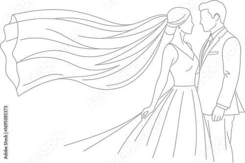 Elegantly Minimalist Wedding Illustration of a Bride and Groom in Love's Embrace