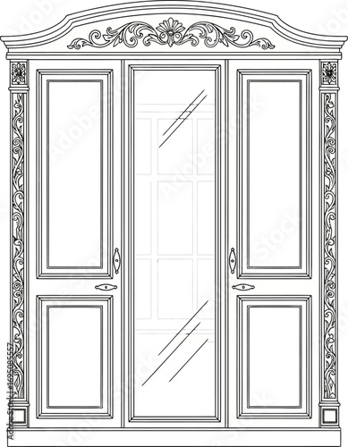 Elaborate ornate wardrobe illustration showcasing classic european design elements and intricate