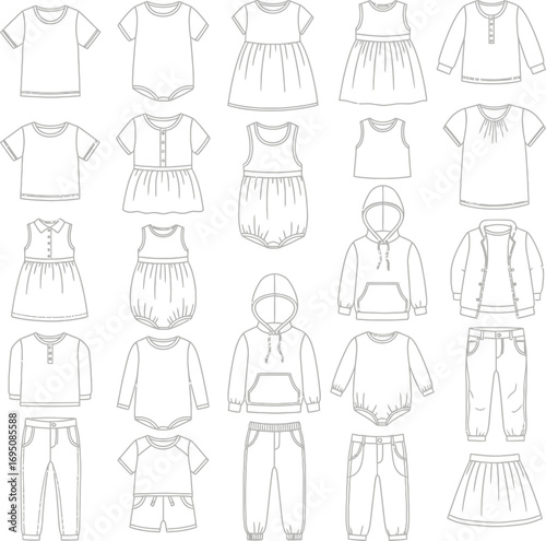 Assortment of outlined baby and toddler clothing apparel vector illustrations for fashion designs
