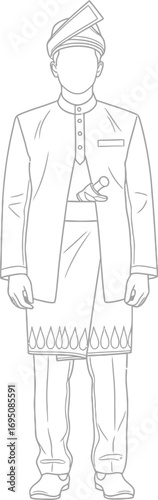 Detailed line drawing showcasing traditional malay attire for men with headgear and keris