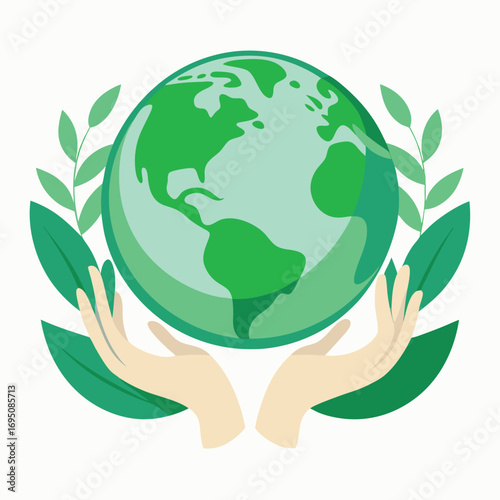 Hands Supporting a Green Earth Globe with Laurel Branches