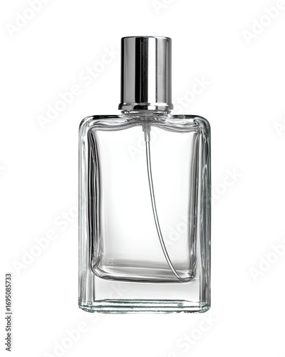Clear glass perfume bottle studio shot, isolated, packaging mockup