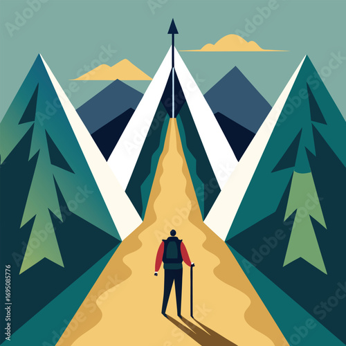 Hiker on Path Leading to Mountain Summit with Arrow