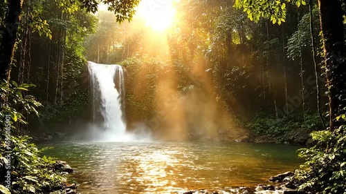 Majestic tropical waterfall in lush green jungle with golden sunlight streaming through trees