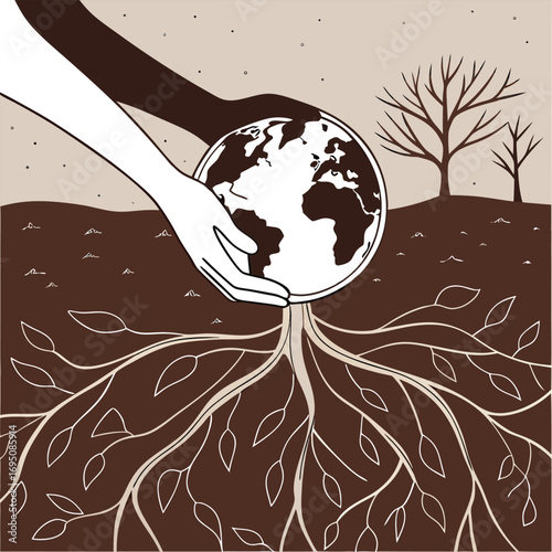 Intertwined Hands and Roots Supporting Planet Earth