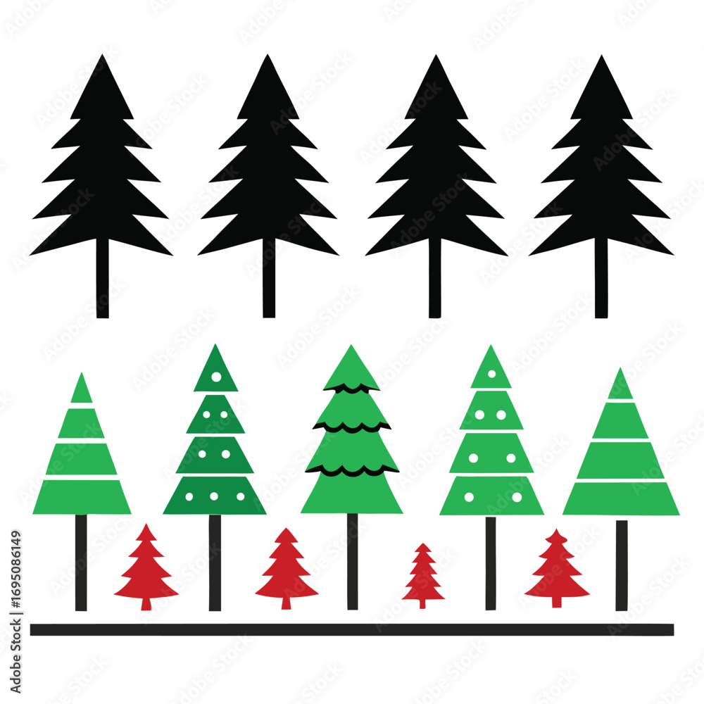 Obraz premium Multiple rows of stylized pine trees in black, green, and red