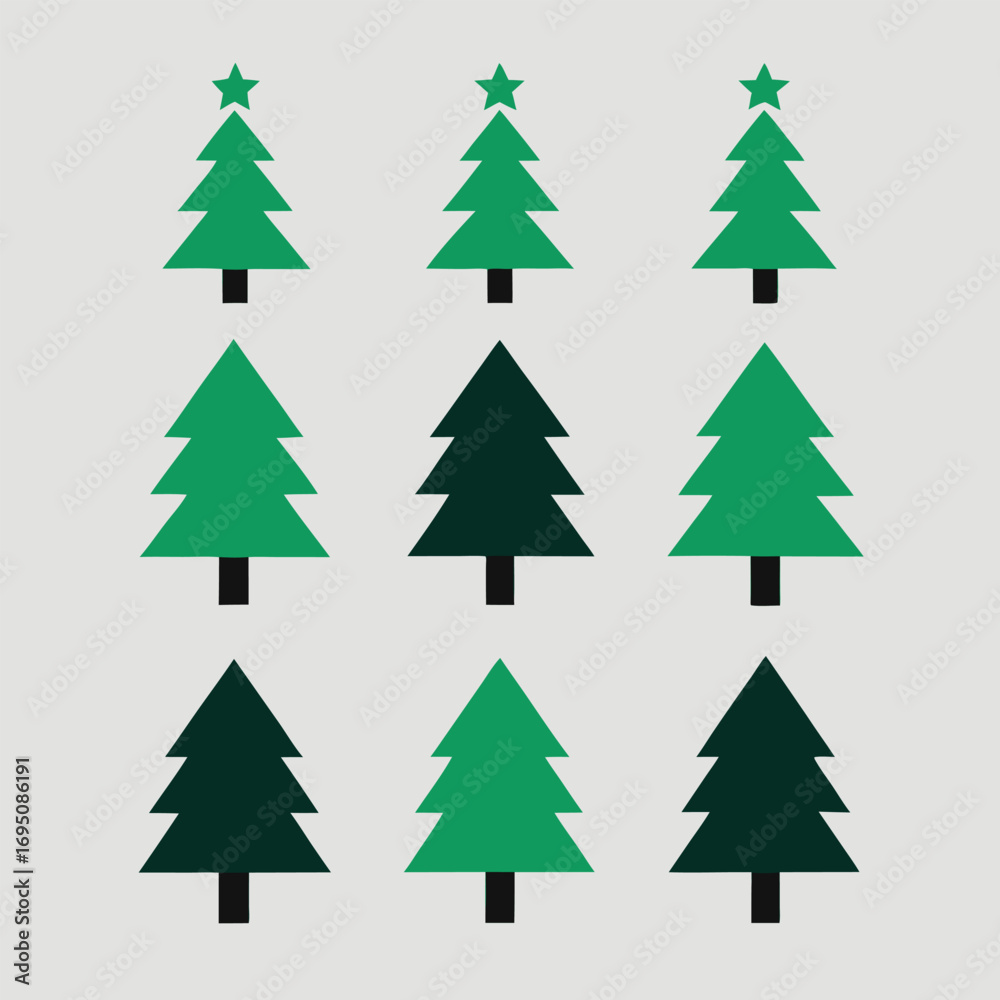 Obraz premium Nine Green Christmas Trees With Stars On A Light Gray Background