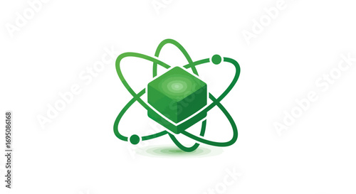 Green 3D atom icon with a central cube nucleus and orbiting electrons.
