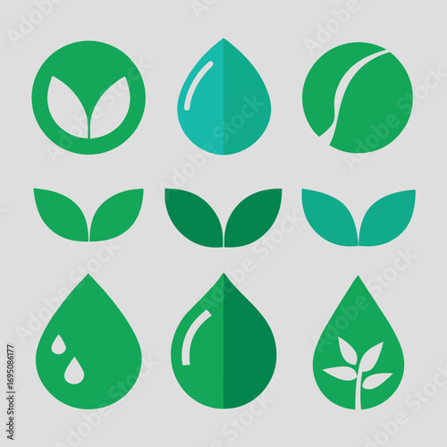 Nine green and teal nature and eco icons leaf