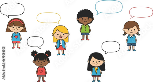 Diverse cartoon children communicate with speech bubbles expressing varied expressions and diverse