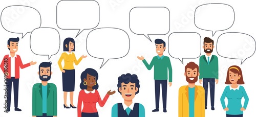 Diverse group of people communicating with speech bubbles representing discussions and ideas