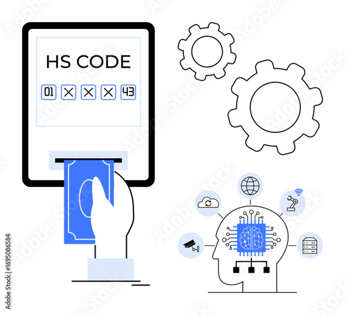 Hand inserting currency into a payment device displaying HS code interconnected gears represent system integration, and AI-enabled brain showcases tech and processing. Ideal for automation