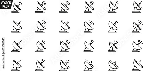 Collection of minimal communication satellite dish vector icons representing global connectivity