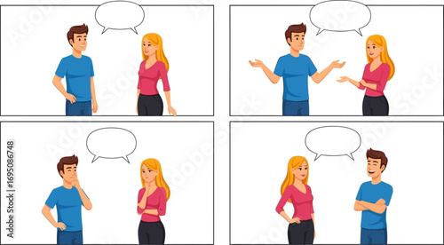 Cartoon illustration depicting a man and woman in a conversation dialogue format with speech bubbles