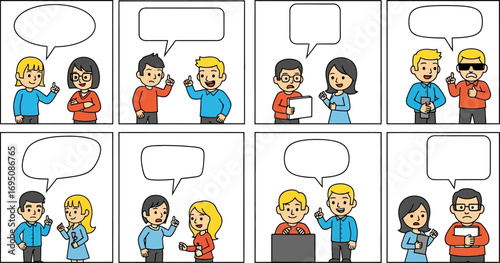 Blank cartoon panel template, featuring diverse characters in conversational scenes for comic