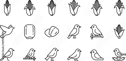 Simple line art of corn cobs and birds in various poses ideal for graphic design projects and