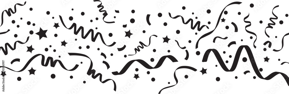 Obraz premium Black confetti streamers and stars on white background ribbon