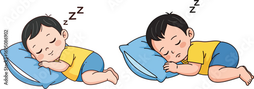 Cute baby boy sleeping peacefully on pillow, cartoon character in yellow shirt and blue shorts, adorable child resting, vector illustration for design and decoration