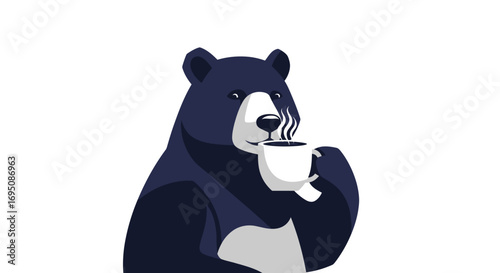 Illustrated black bear enjoying a hot coffee drink from a white mug.