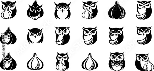 Collection of artistic owl designs combined with abstract garlic illustrations icon set