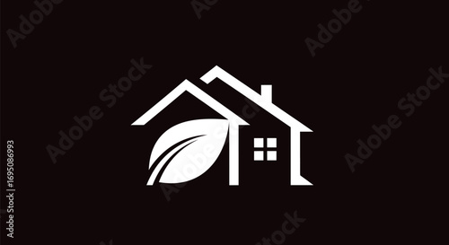 Eco friendly house logo with a leaf representing sustainable living.