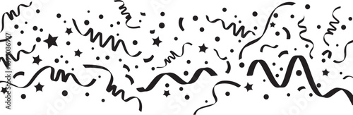 Black confetti streamers and stars on white background ribbon