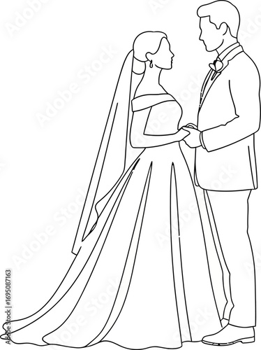 Elegant wedding line art portraying loving bride and groom in solemn silhouette moment of commitment