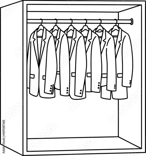 A neatly organized closet showcasing a collection of formal suits hanging in an orderly fashion