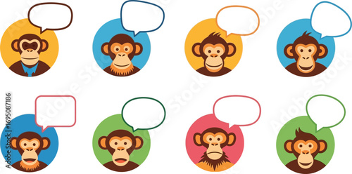 Animated monkey character heads with speech bubbles for dialog insertion and diverse emotions