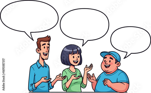 Engaging cartoon illustration of three diverse people having an animated discussion