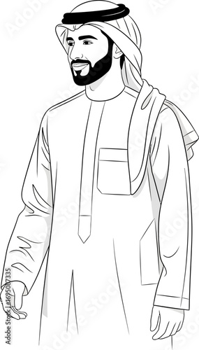Line art illustration showcasing a man in traditional emirati attire conveying heritage