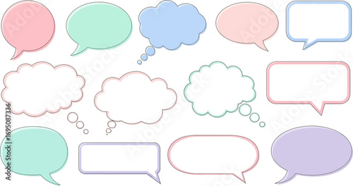 Collection of pastel-colored speech and thought bubbles, diverse shapes for creative communication