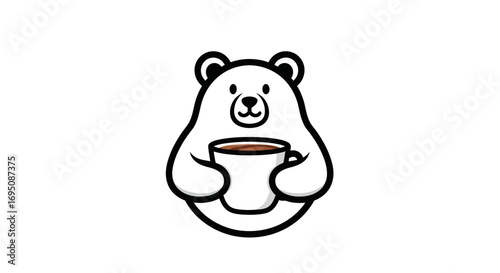 Cute cartoon polar bear holding a warm cup of coffee.