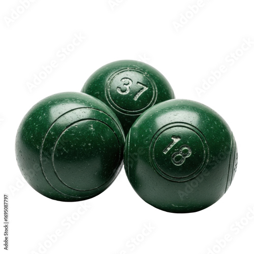 Three aged, deep forest green bocce balls with scuffs on transparent background, sharp focus, direct studio light, high-contrast shadows, concept of timeless game tradition