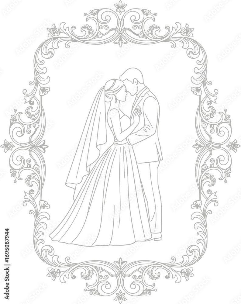 Fototapeta premium Elegant wedding portrait outline within an ornate vintage frame design for invitations