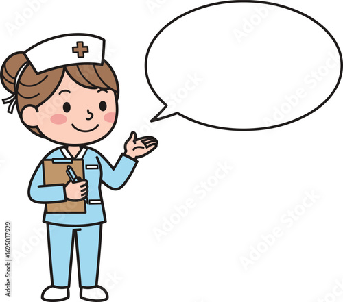 Friendly cartoon nurse with speech bubble offering medical assistance or guidance illustration
