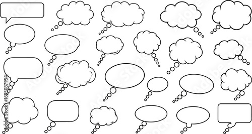 A whimsical pattern of outlined speech bubbles and thought clouds on a white background