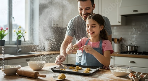 A father and daughter baking cookies together in a bright kitchen with flour in the air smiling