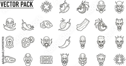 Assorted monochrome vector pack featuring fantasy creatures, food and stylized shapes for design