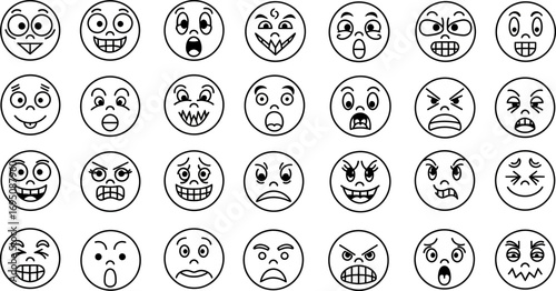 Diverse range of simplistic cartoon faces expressing varied emotions and personalities, suitable