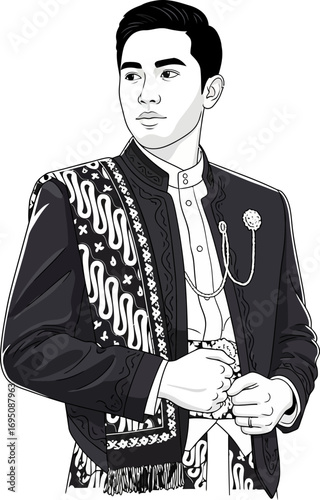 Sophisticated monochrome illustration of a man in traditional attire with batik shawl elegance