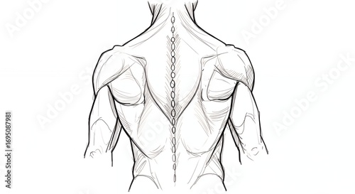 Human back anatomy illustration featuring muscles and spine in detailed drawing style