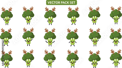 Delightful collection of cheerful broccoli characters adorned with whimsical reindeer antlers