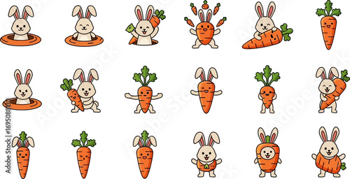 Whimsical bunny characters in playful poses with carrots creating a joyful easter theme