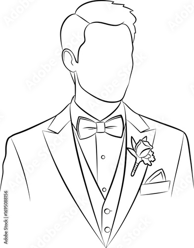 Elegant monochrome illustration of a groom's formal attire, featuring classic suit details and